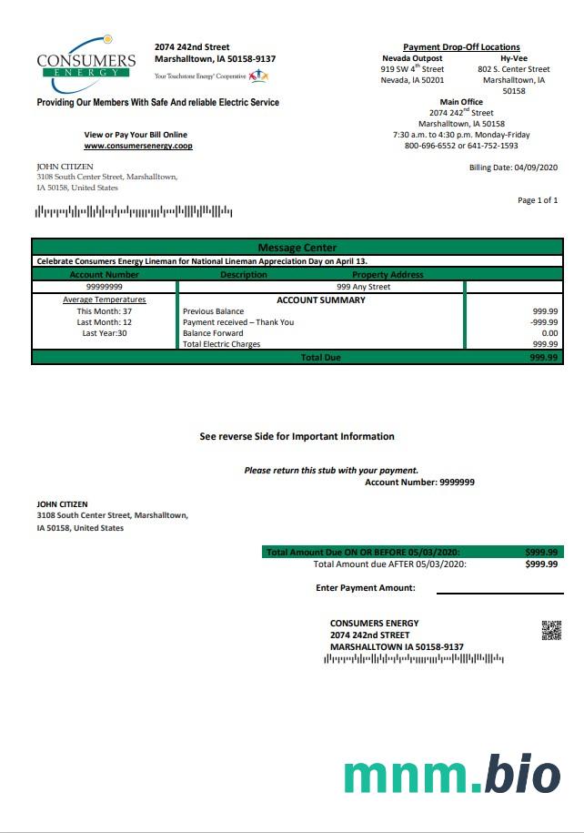 USA Iowa Consumers Energy rachunek za media szablon w formacie Word i PDF